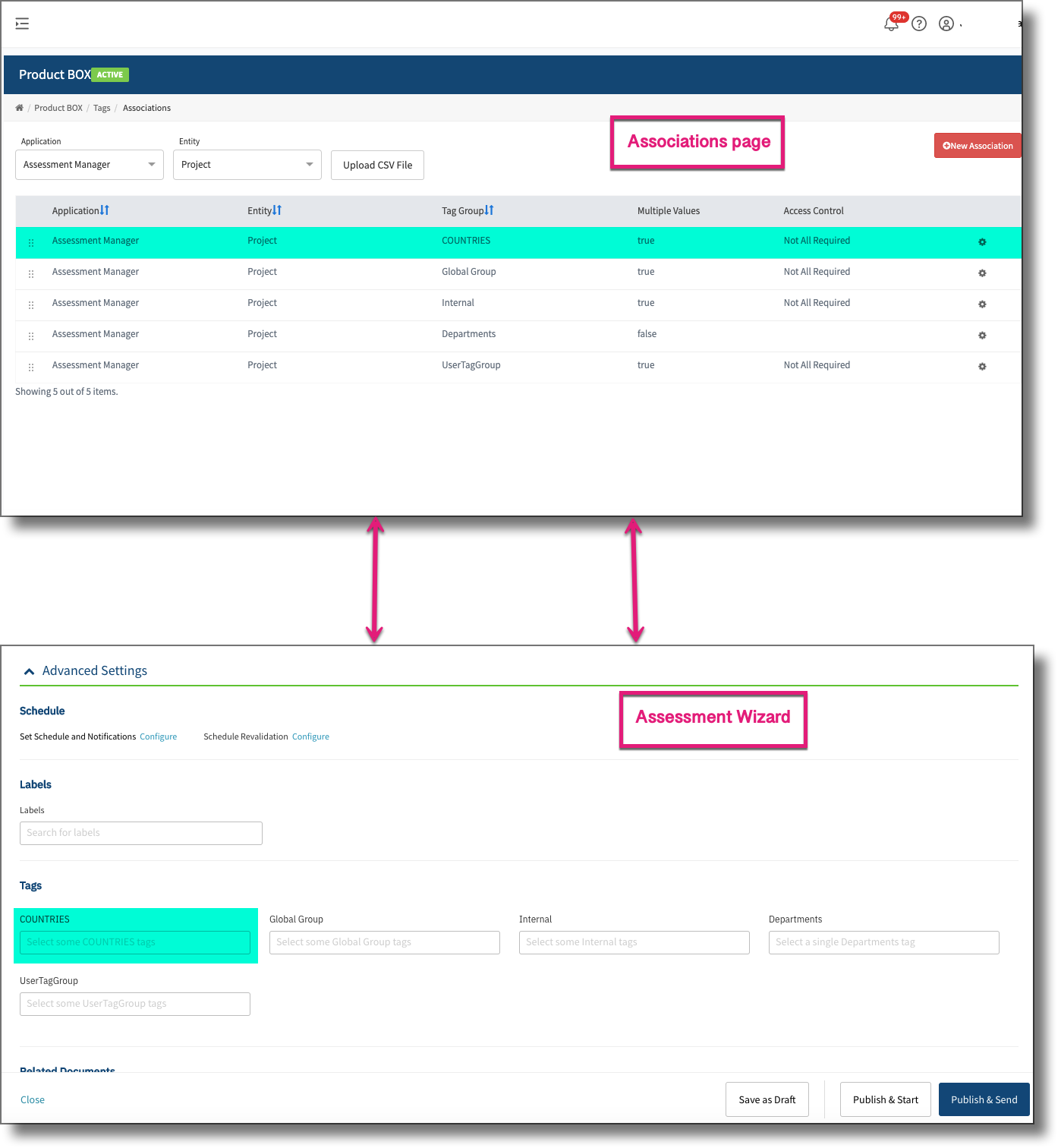 Advanced Settings section showing the ordered list of associated tags