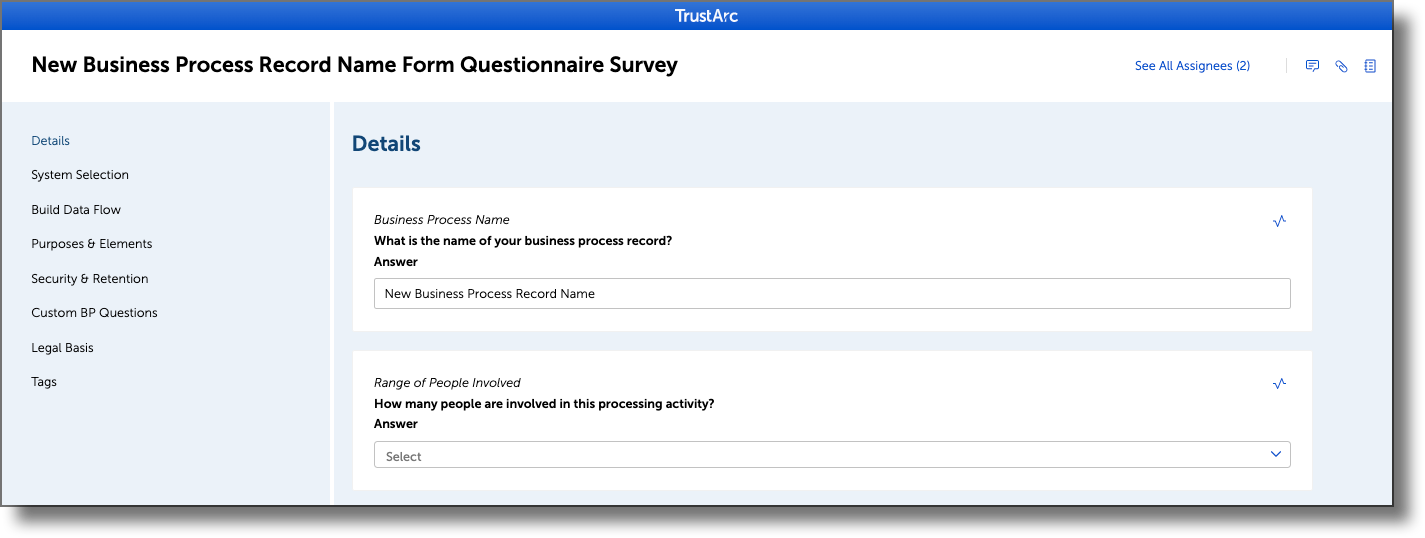 BP form questionnaire created from the Smart URL template configuration