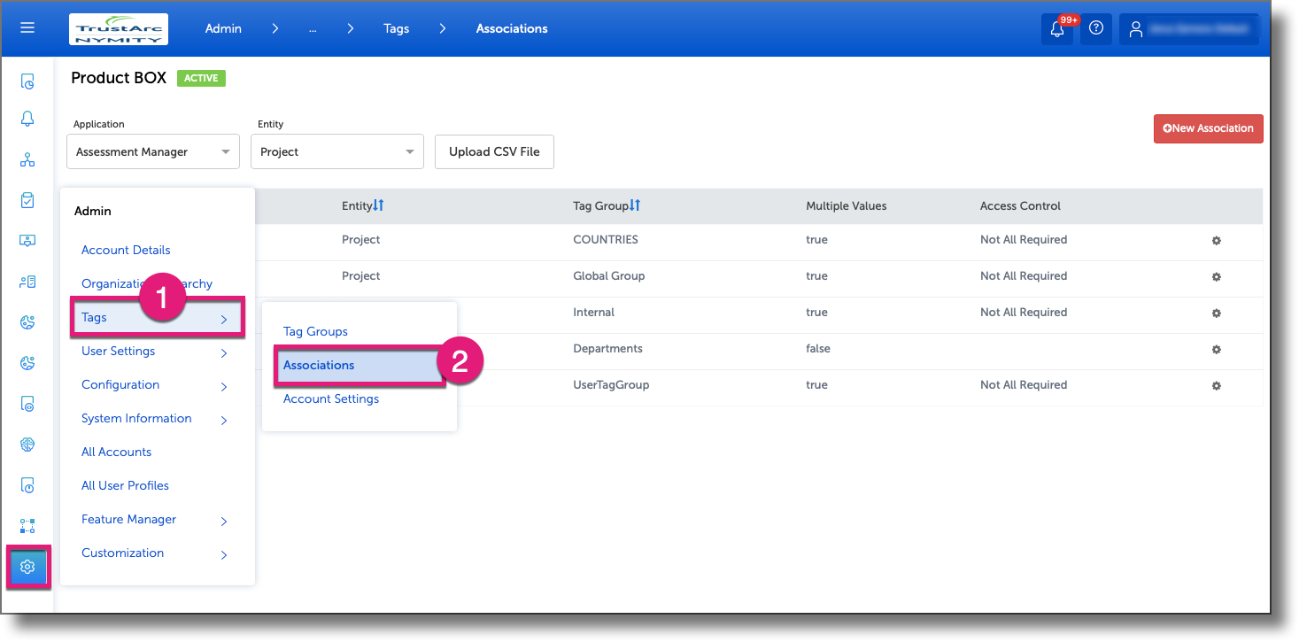 Admin navigation showing the Tags and Associations options