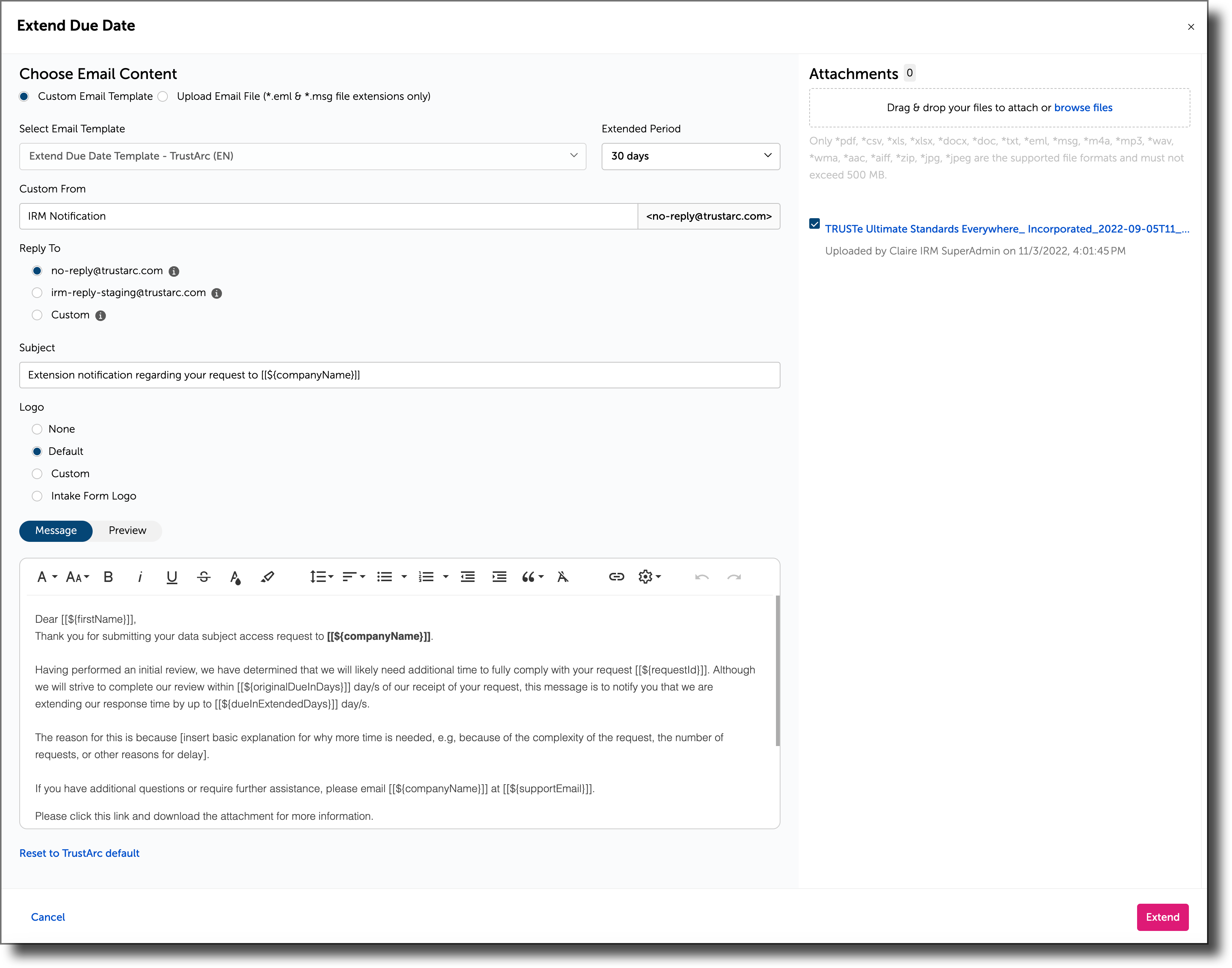 Extending the Due Date TrustArc