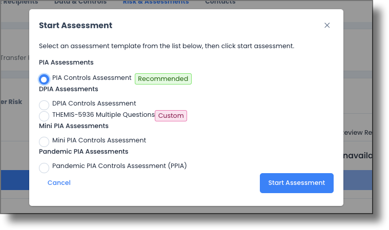 Start Assessment modal showing template selection