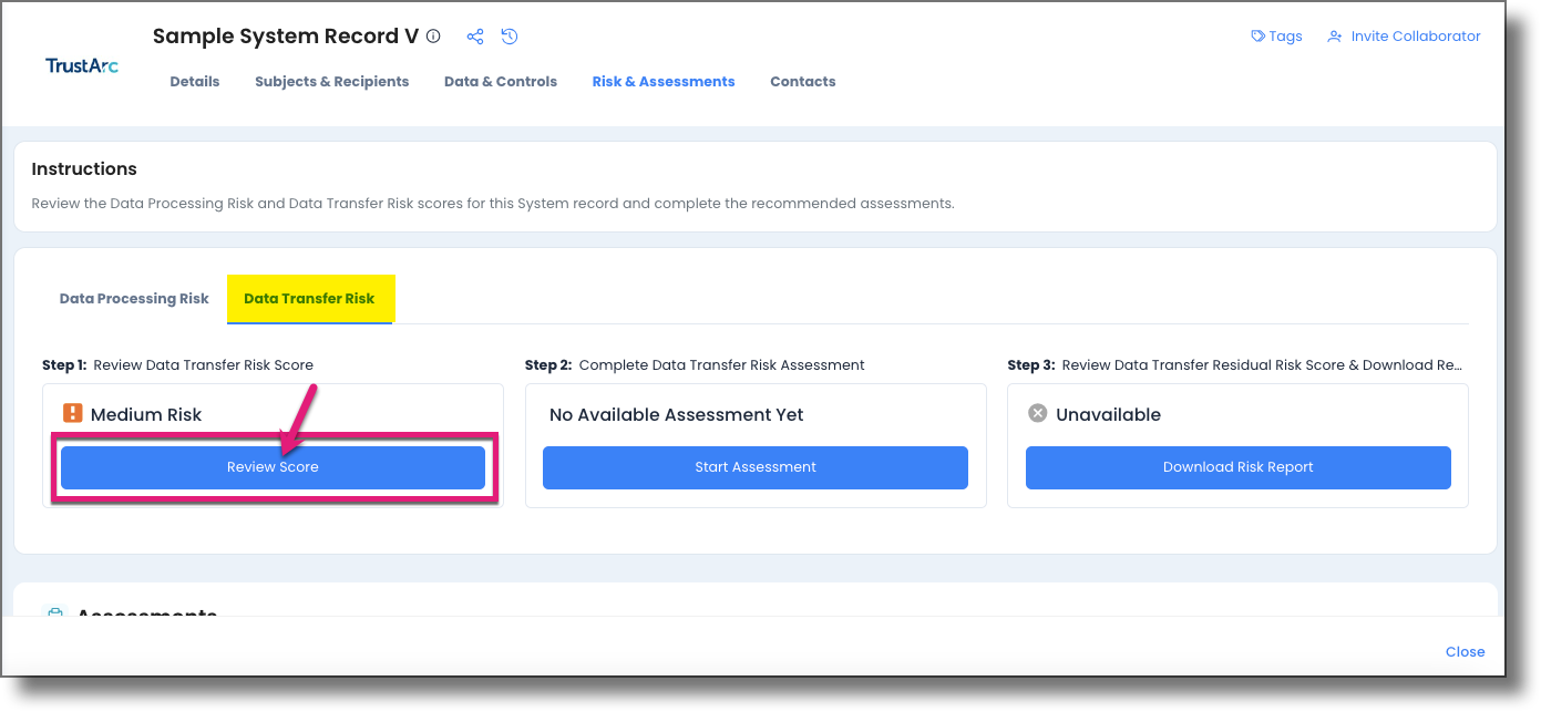 Review Score button on the Data Transfer Risk subtab