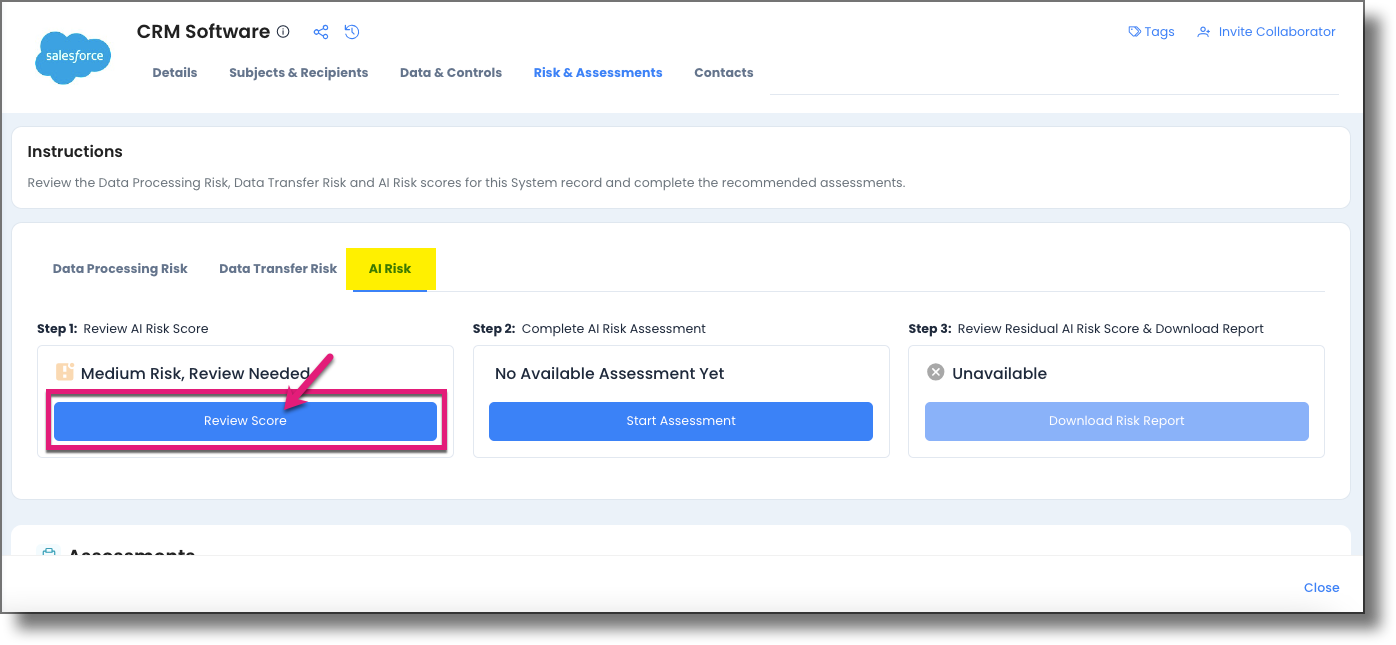 Review Score button on the AI Risk subtab