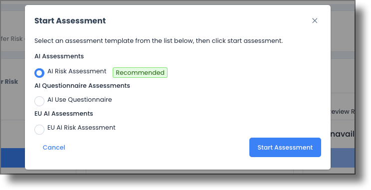 Start Assessment modal for AI Risk