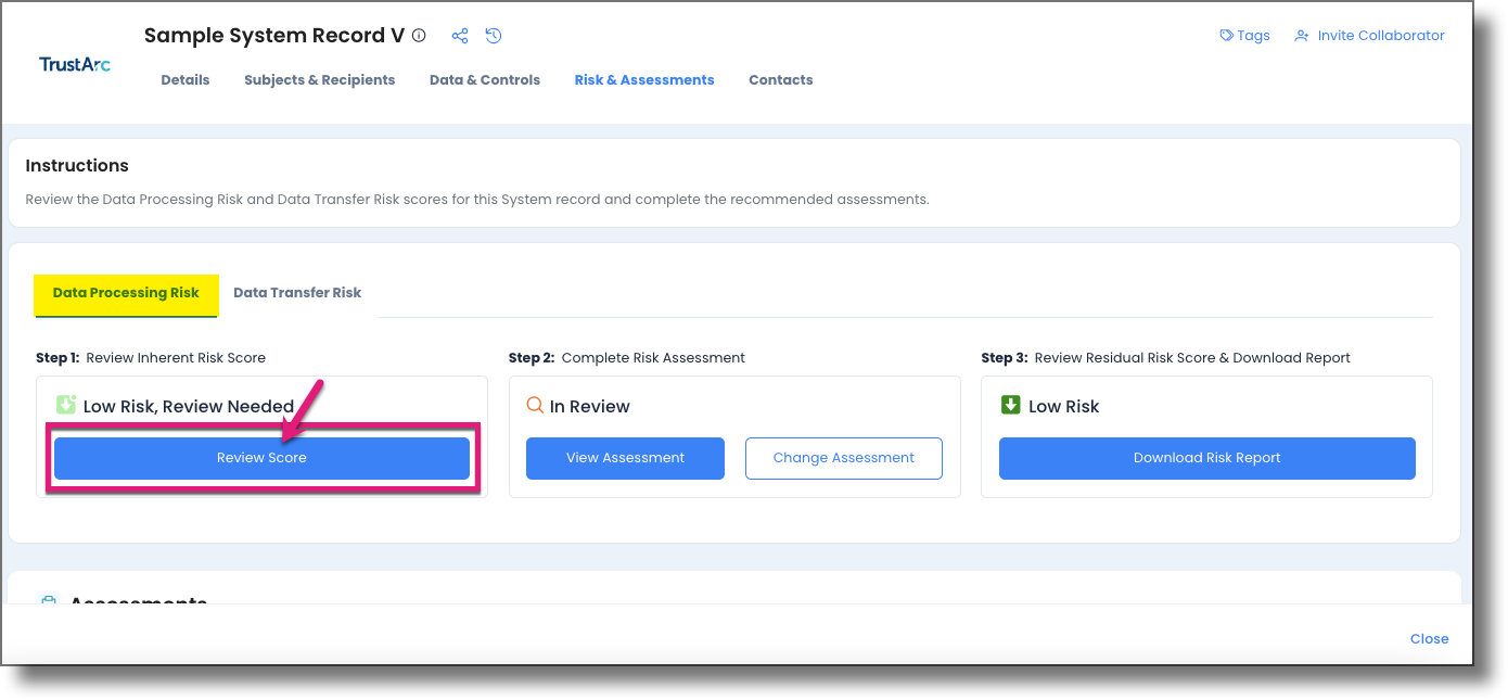 Review Score button on the Data Processing Risk subtab