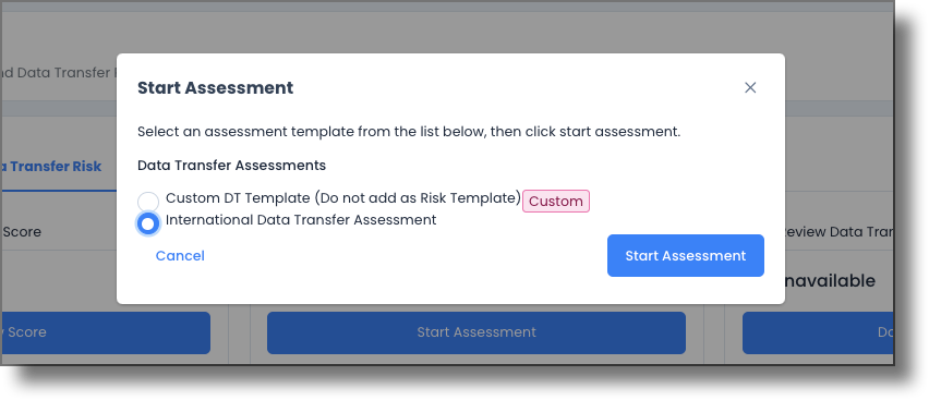 Start Assessment modal for Data Transfer Risk