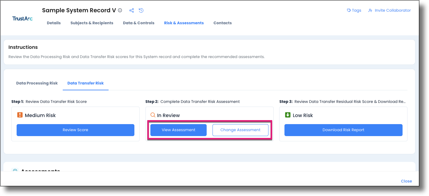 Change Assessment and View Assessment buttons