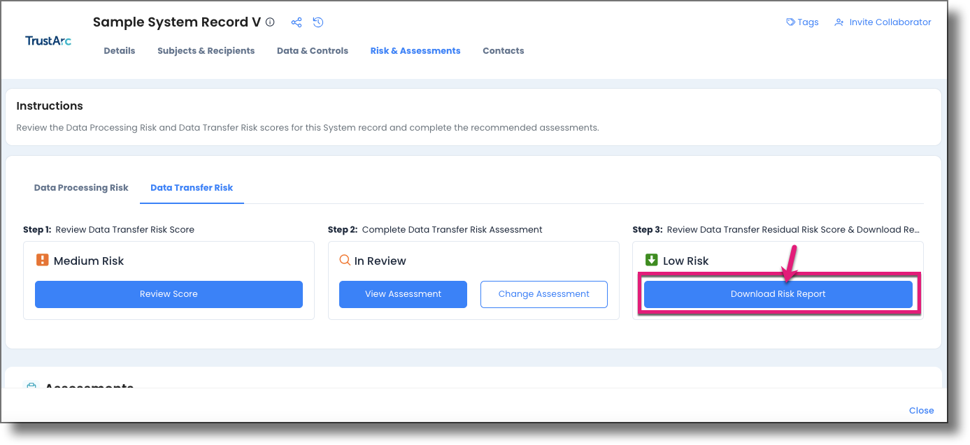 Download Risk Report button on Data Transfer Step 3