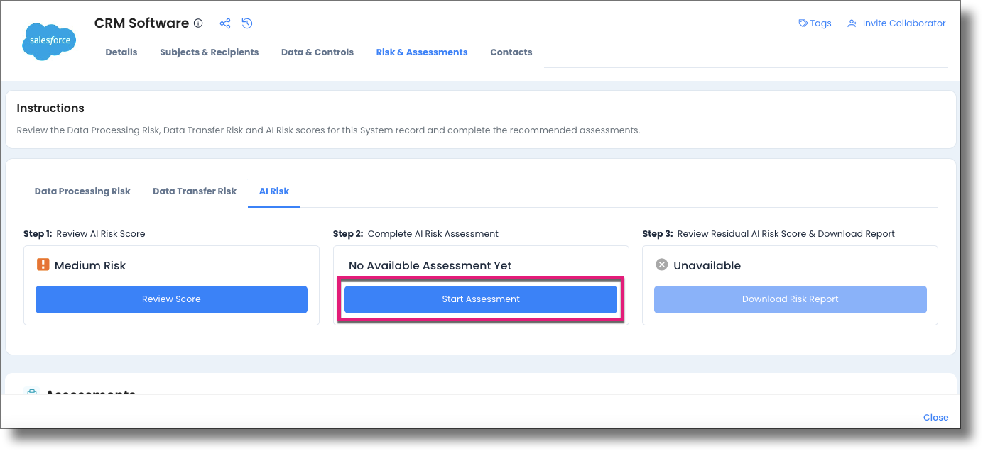 Start Assessment button on AI Risk