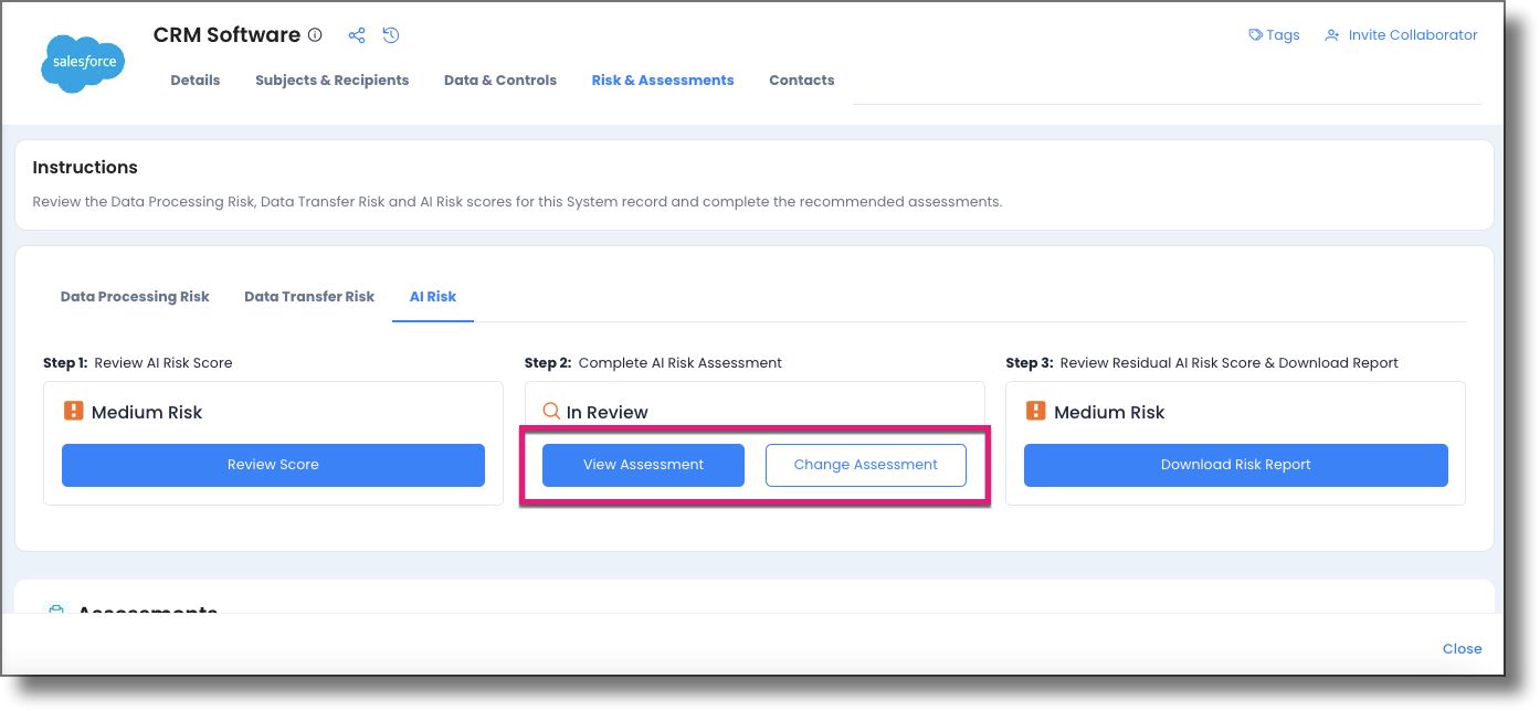 Change Assessment and View Assessment buttons for AI Risk