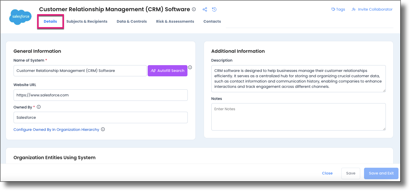System record tab navigation showing Details, Subjects and Recipients, Data and Controls, Risk and Assessments, and Contacts tabs