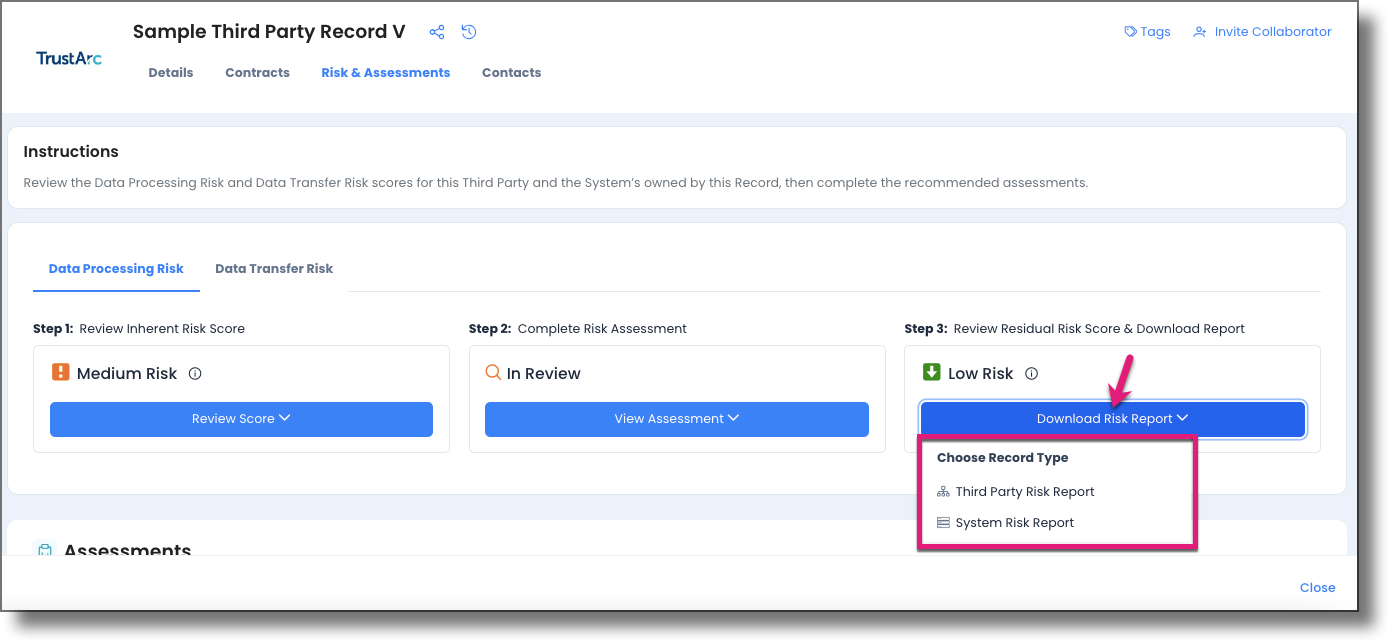 Step 3 column showing the Download Risk Report button with Third Party Risk Report and System Risk Report options