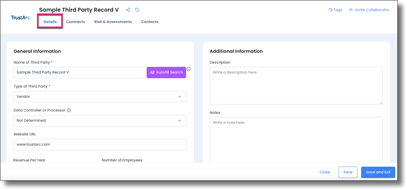 Third-party record Details tab showing required fields including name, type, and owning entities