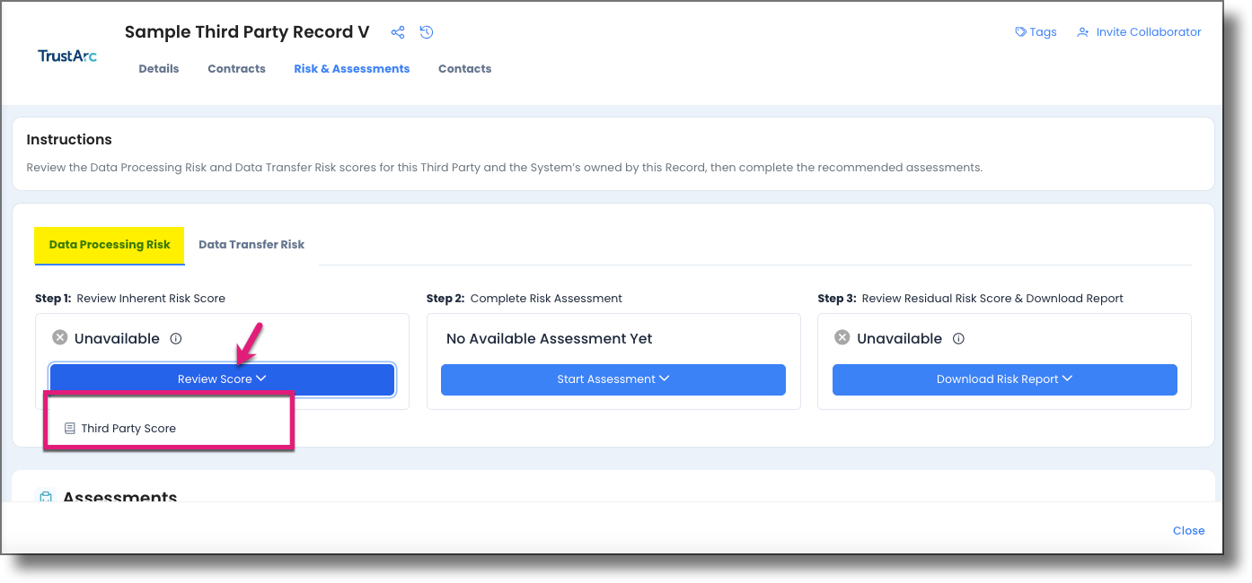 Data Processing Risk subtab showing the Review Score button and Third Party Score and System Score options