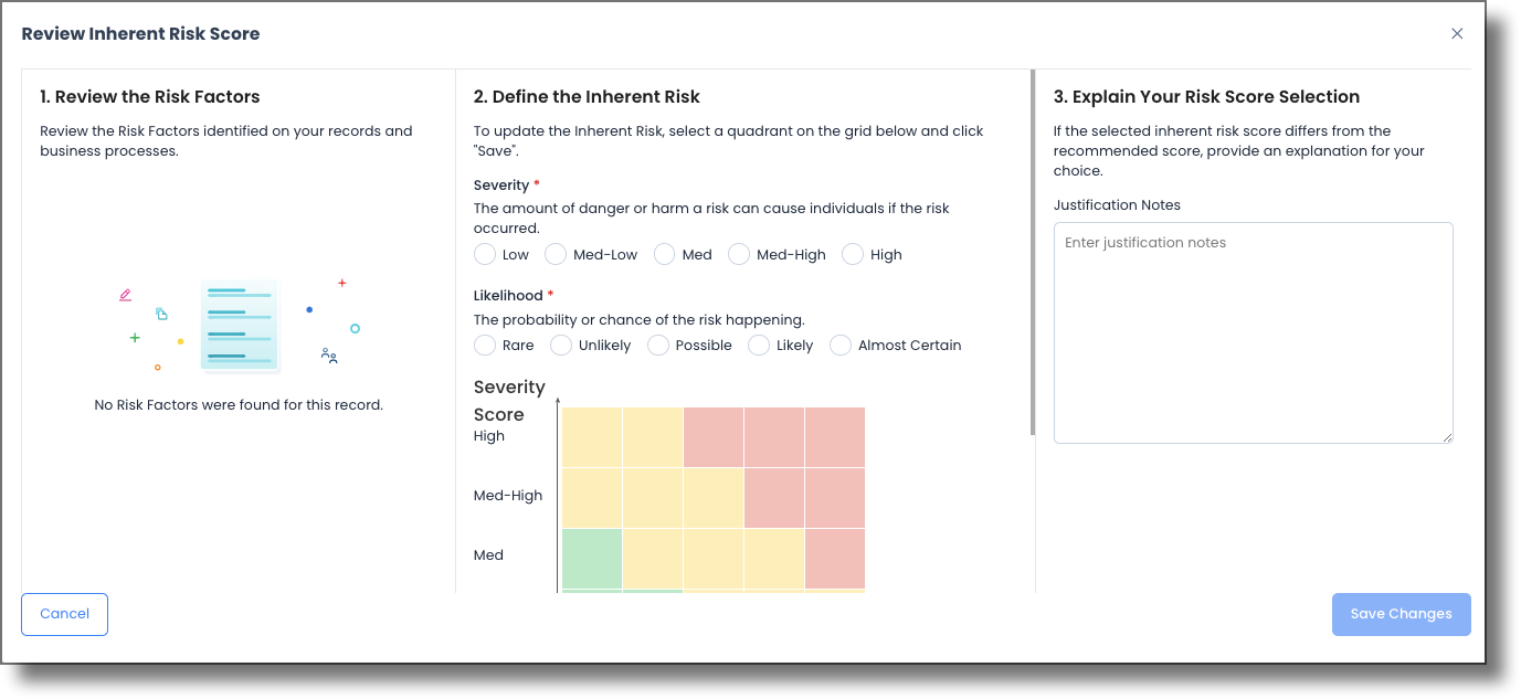 Review Inherent Risk Score modal showing Risk Factors, Inherent Risk, and Explain Your Selection fields