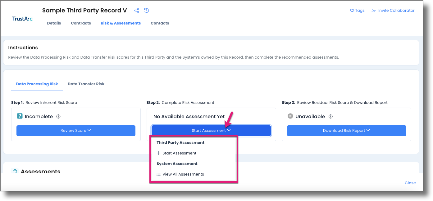Step 2 column showing the Start Assessment button and Third Party Assessment and System Assessment options
