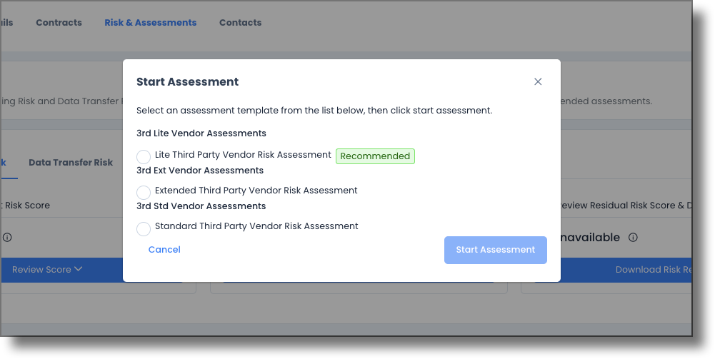 Start Assessment modal showing the assessment template selection dropdown