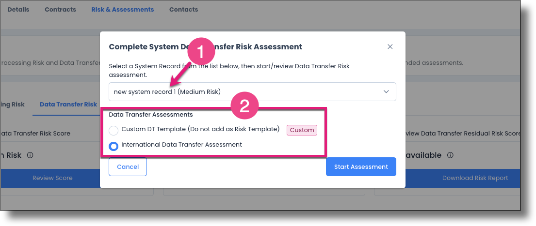 Start Assessment modal showing system record selector and assessment template selector
