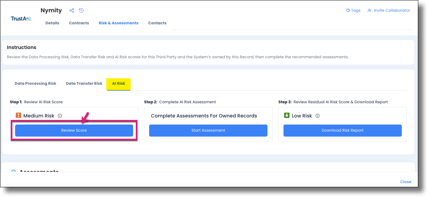 AI Risk subtab showing the Review Score button