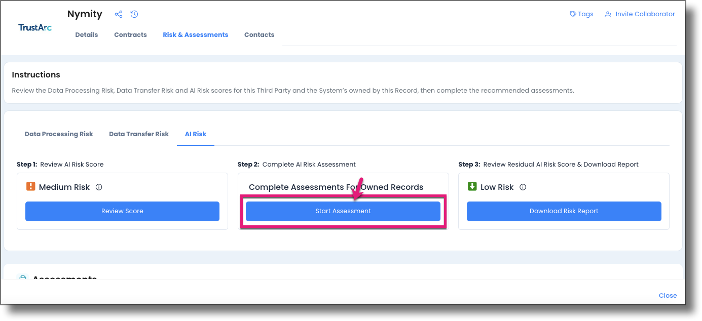 Step 2 column for AI Risk showing the Start Assessment button