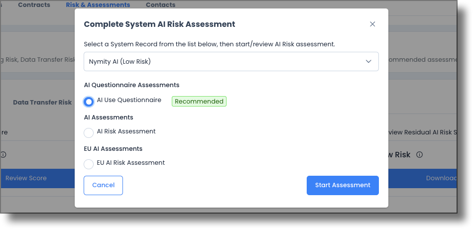 Start Assessment modal for AI Risk showing system record and template selectors
