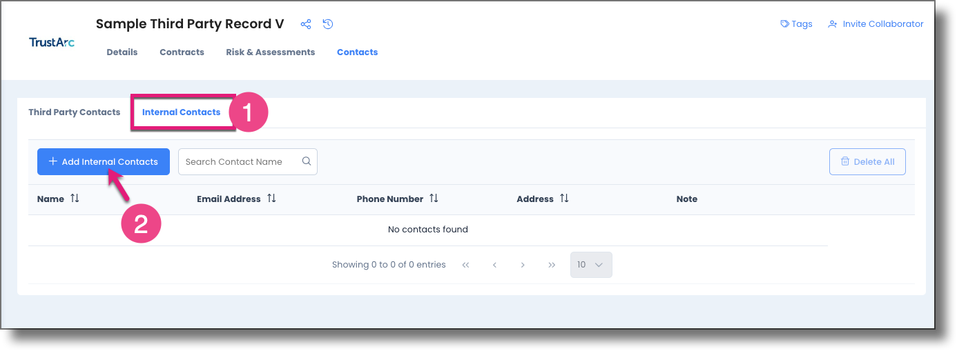 Internal Contacts tab with the Add Internal Contacts button highlighted