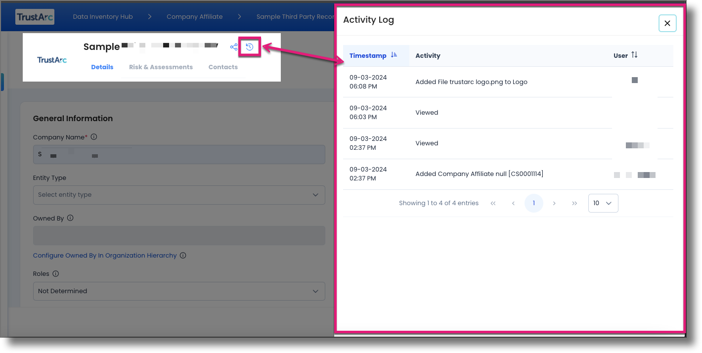 Activity log panel open on the right side of the page