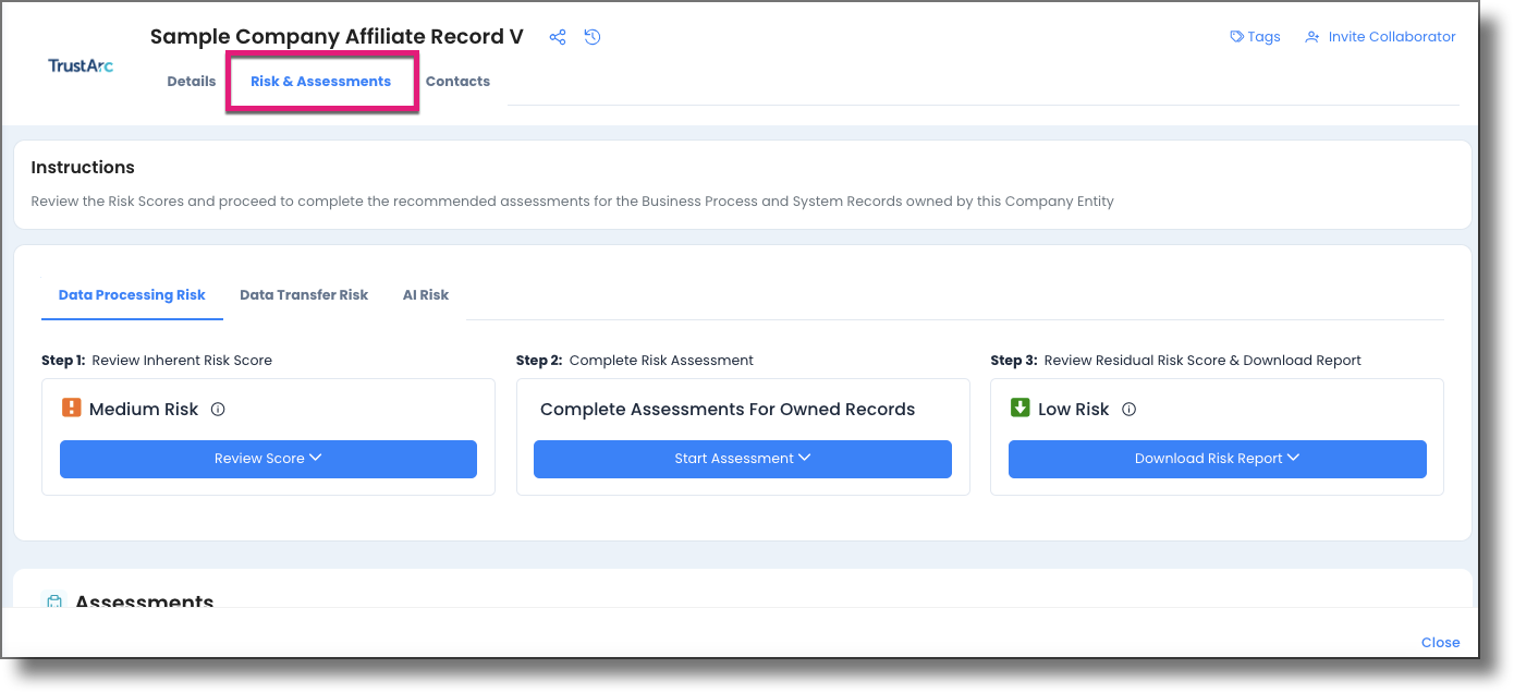 Risk and Assessments tab