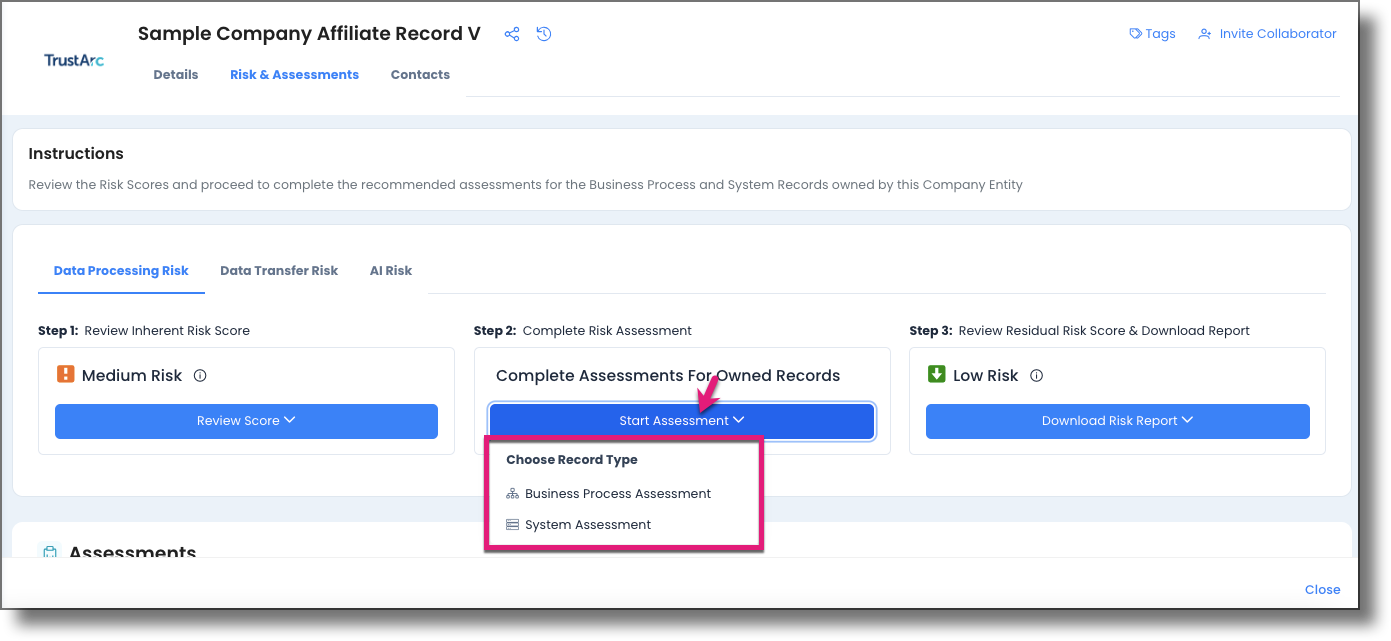 Start Assessment button on Step 2 column