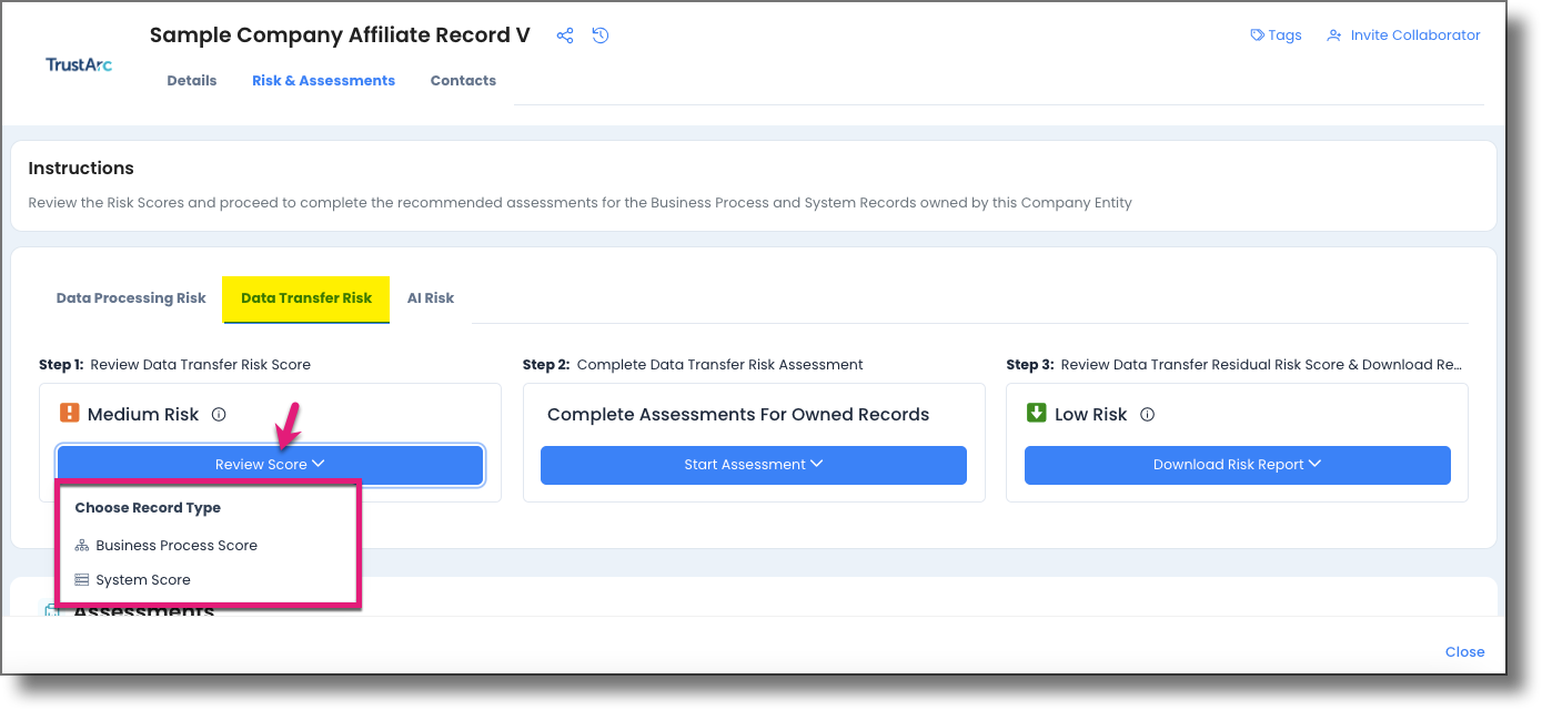 Step 1: Review Data Transfer Risk Score column