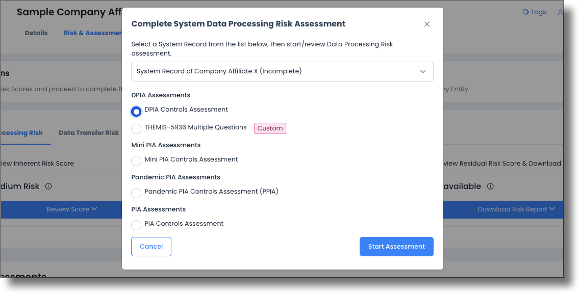 Assessment template selection for a system record