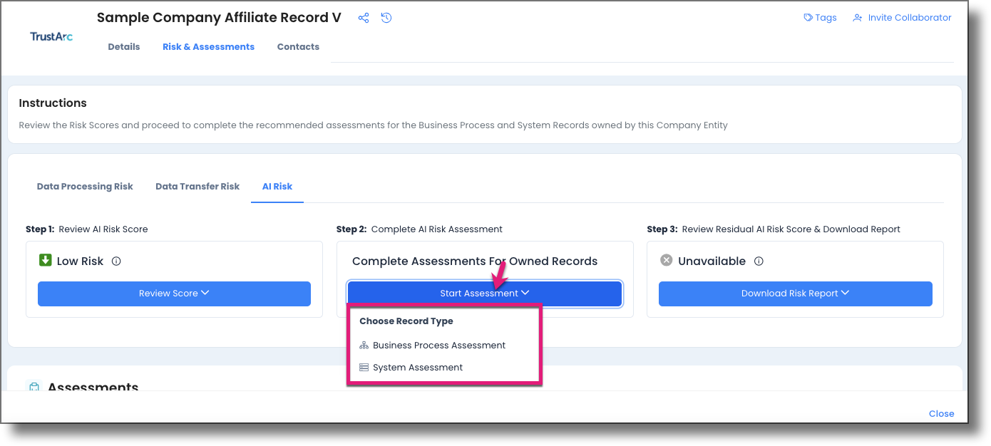 Start Assessment button on AI Risk Step 2 column