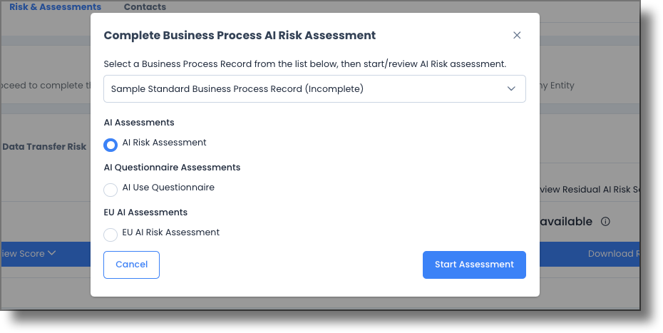 Assessment template selection for a business process record