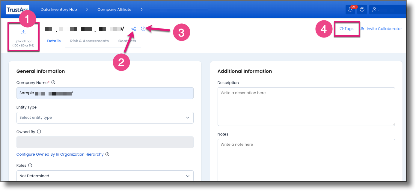 Top navigation bar showing Upload Logo, Record Link, Activity Log, and Tags controls