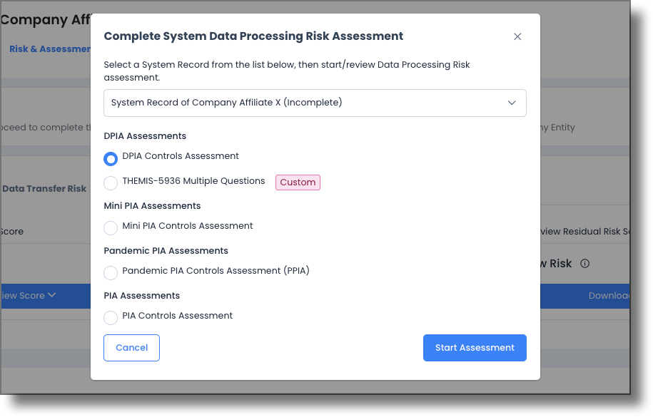 Complete Data Processing Risk Assessment modal