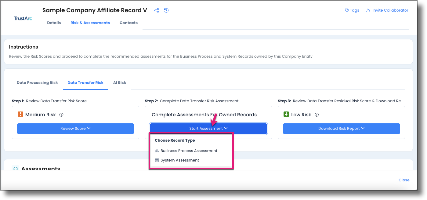 Start Assessment button on Data Transfer Risk Step 2 column