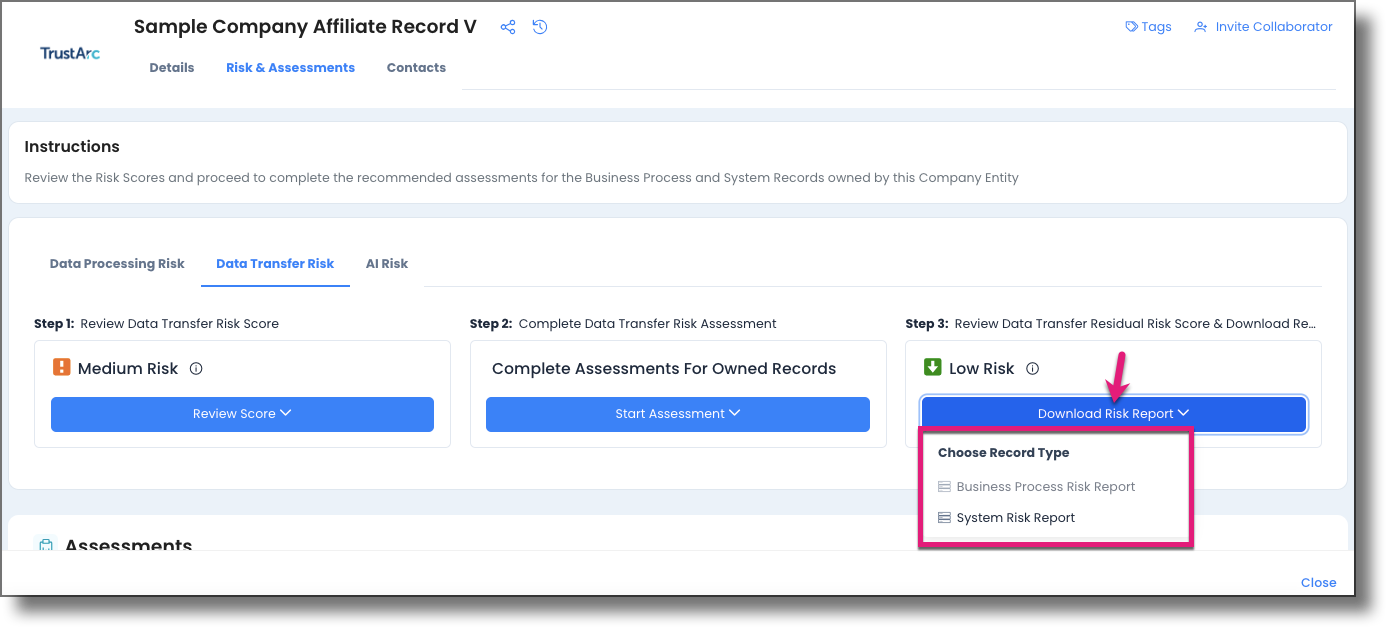 Download Risk Report button on Data Transfer Step 3 column