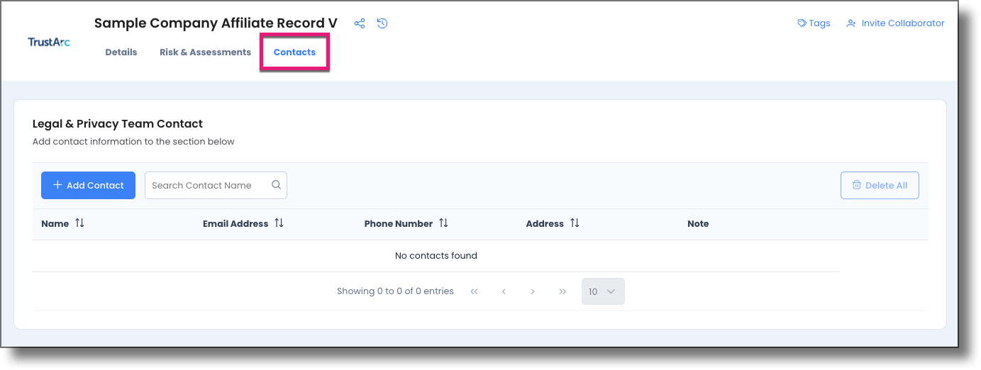 Contacts tab of the company affiliate record