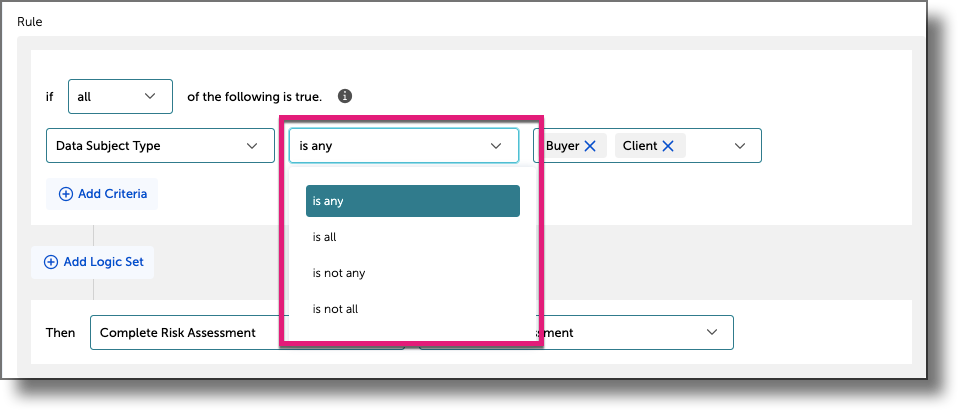 Operator dropdown showing options including Is any, Is all, Is not any, and Is not all