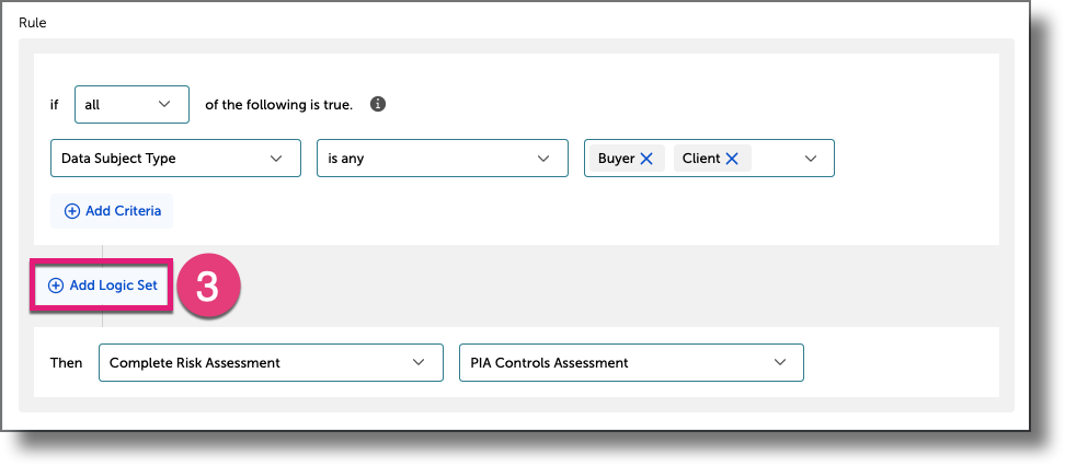 Rule Setup showing the Add Logic Set button to create a second group of conditions