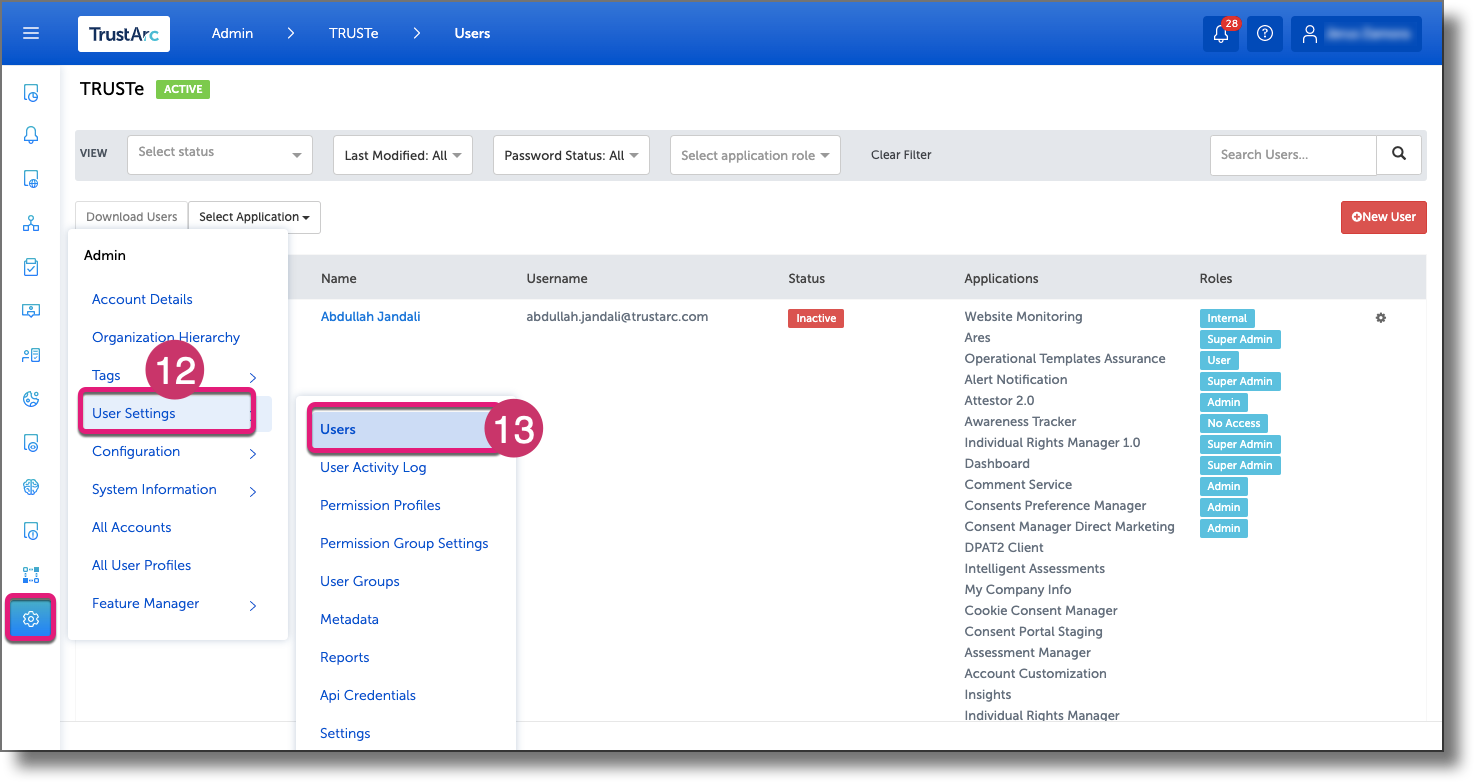 Admin navigation showing User Settings expanded with Users selected