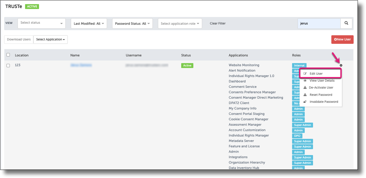 Users list showing the Settings icon and Edit User option in the context menu for a selected user