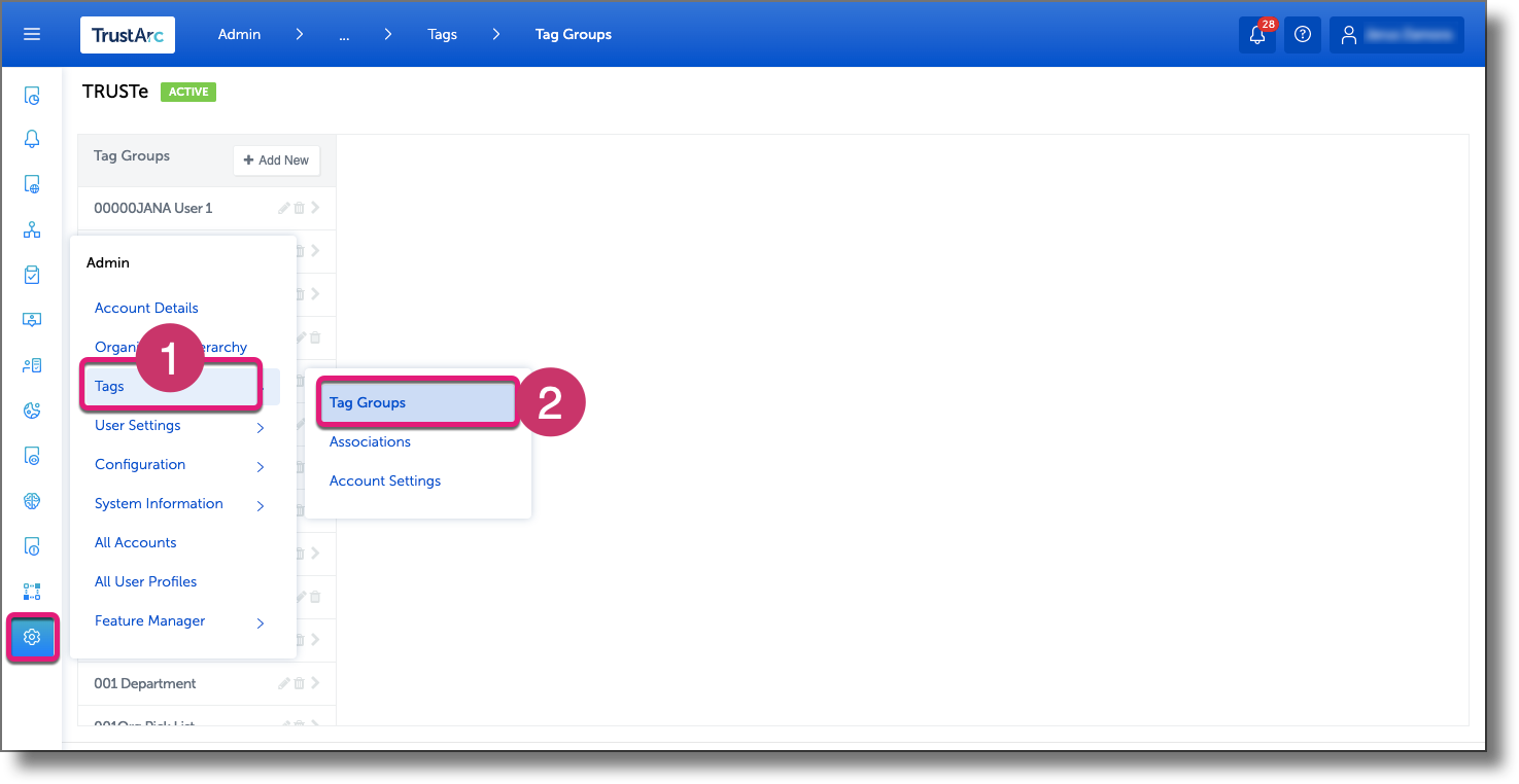 Admin navigation showing Tags expanded with Tag Groups selected