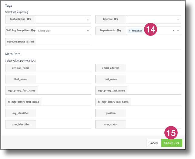 Edit User window showing the Tags section with the Departments field and department options
