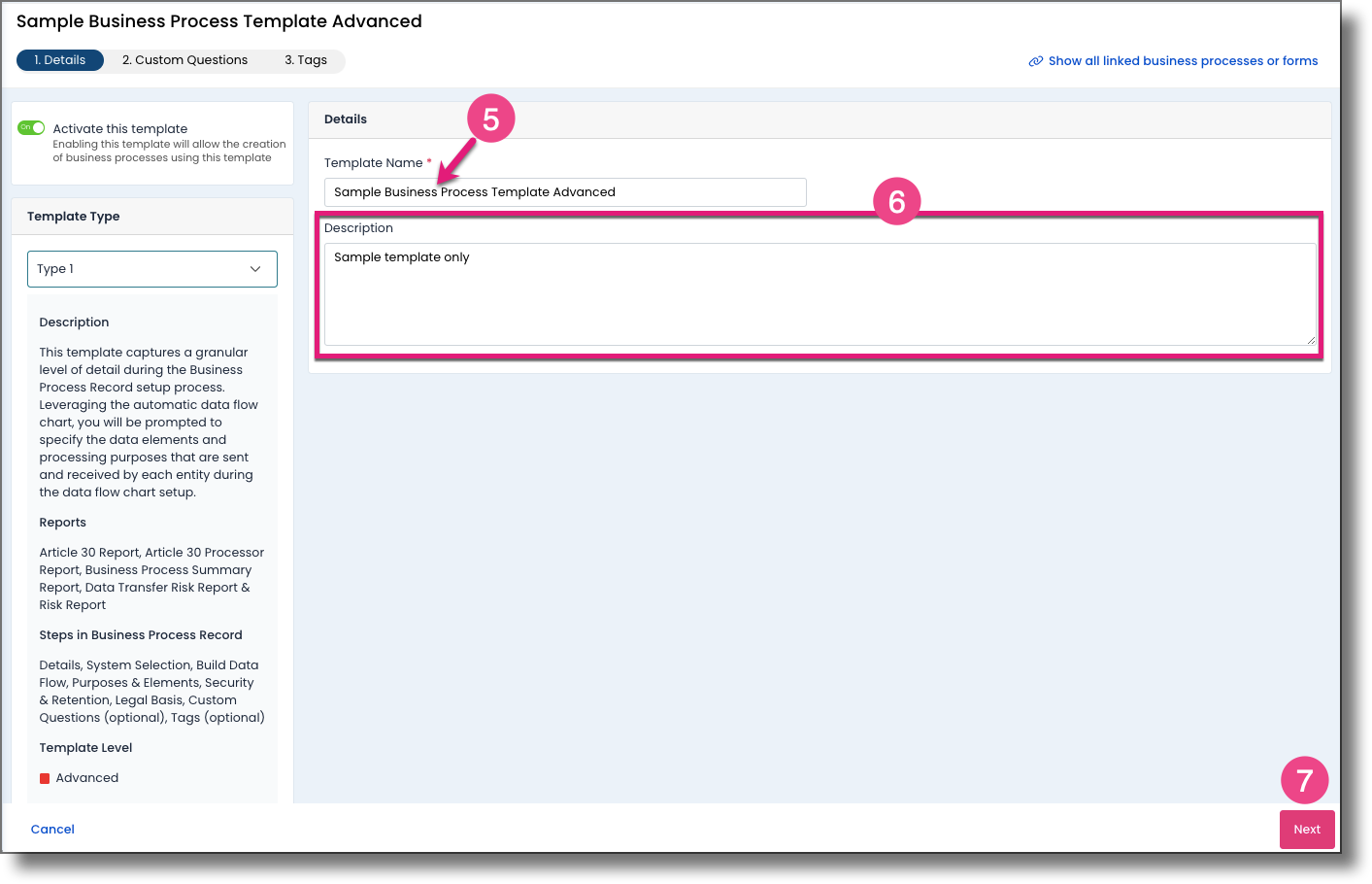Template editor showing the name, description, and Next button