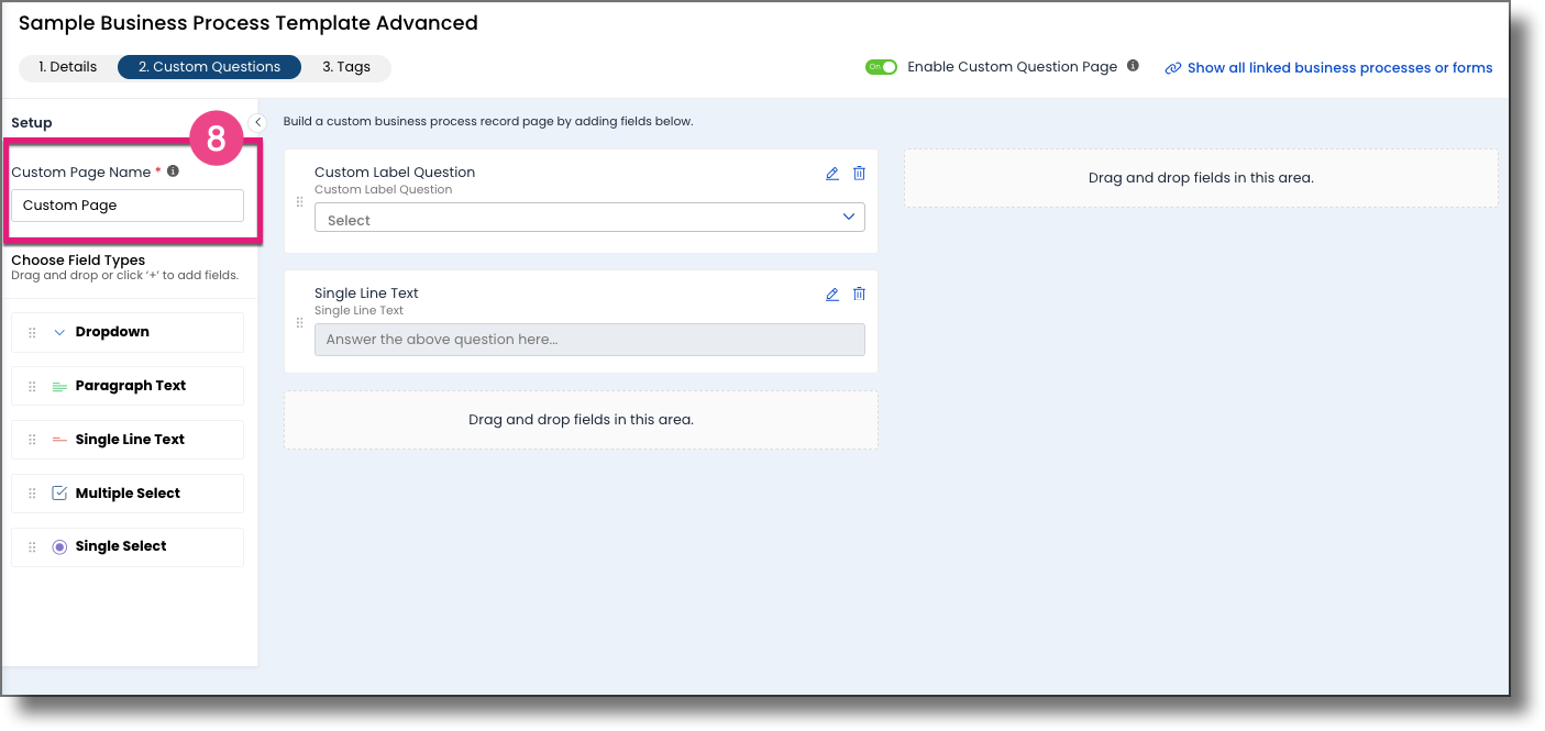 Setup screen showing the Custom Page Name field