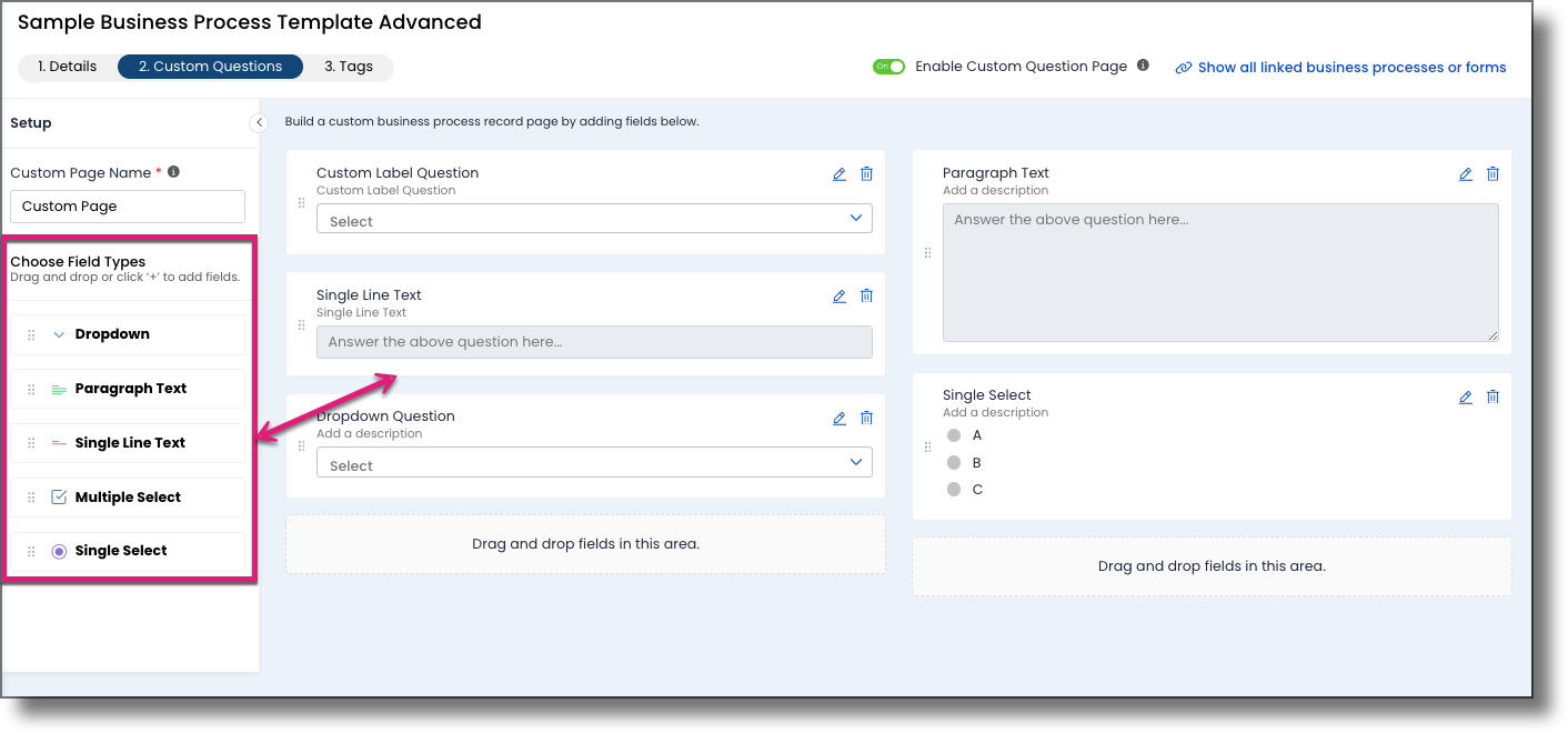Template builder showing the Choose Field Types column and main canvas