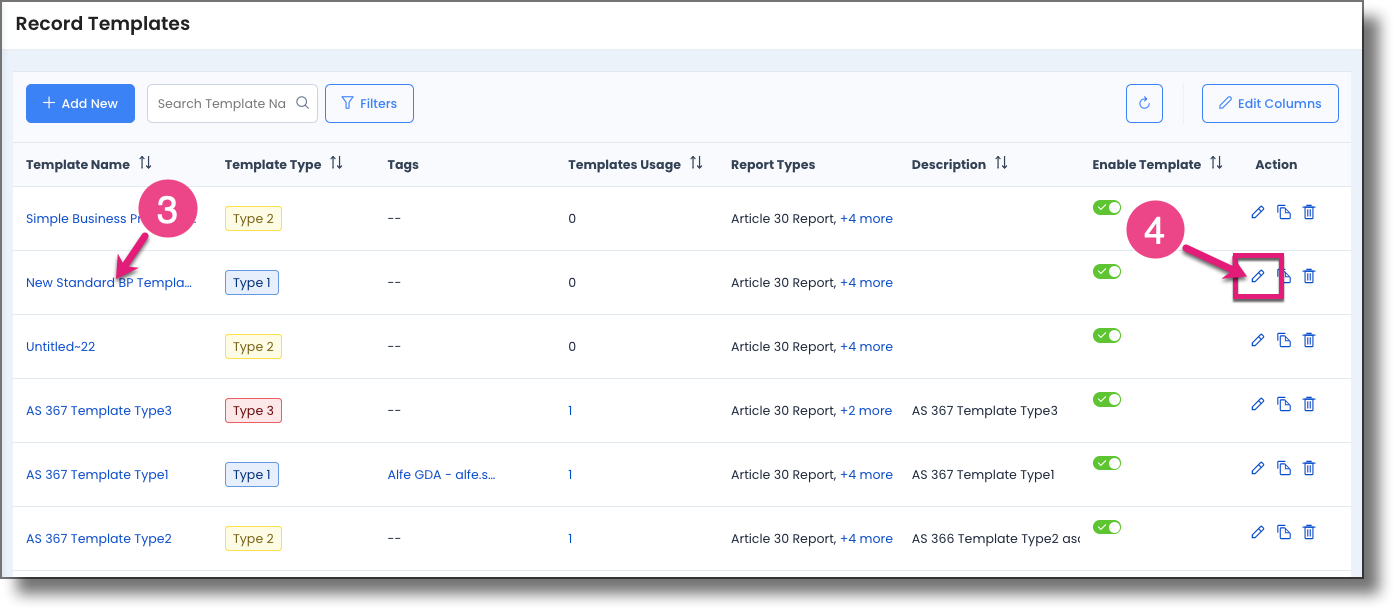 Record Templates page showing the template name link and Edit icon in the Actions column