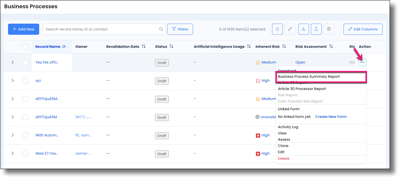 Business Processes page showing the ellipsis menu with the Business Process Summary Report option