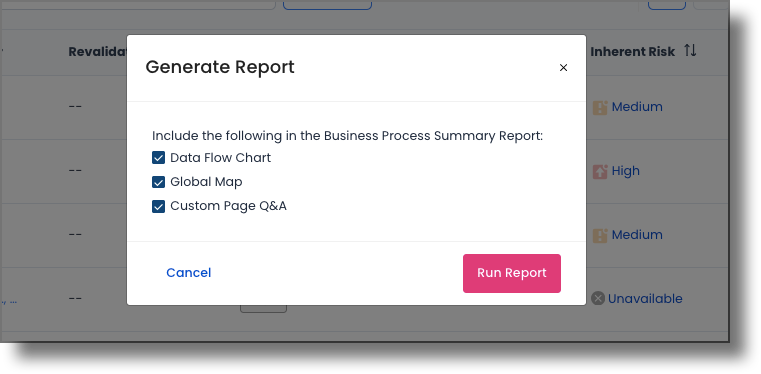 Generate Report modal showing the Custom Page Q&A checkbox and Run Report button